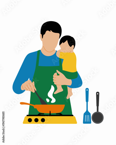 A father holding his child while cooking healthy meals in a modern kitchen, illustrating work life balance, parenthood roles, domestic chores, bonding time, nurturing care, home culinary lifestyle fla