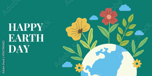 Happy Earth Day banner with floral decoration and globe illustration eco friendly nature concept
