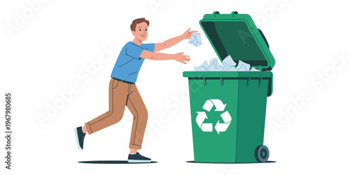 Young man throwing crumpled paper into a green recycling bin in flat vector style illustration, depicting eco-friendly waste management, environmental conservation, sustainability, and responsible dis
