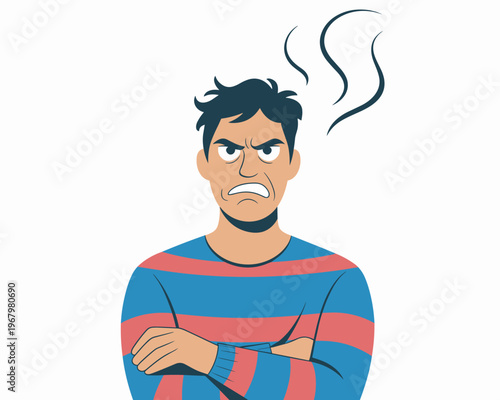Angry man with intense facial expression and crossed arms appearing annoyed or frustrated, flat vector character isolated on white background depicting emotional instability, stress, conflict, and bad