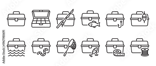 Collection of twelve black outline fishing tackle box icons, each depicting different fishing-related items and concepts