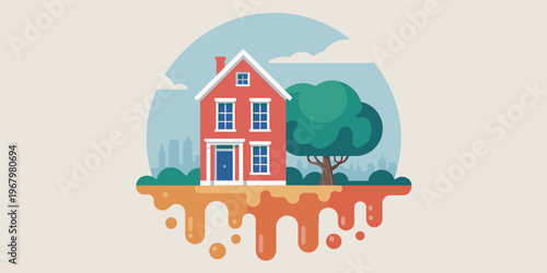 Minimalist vector illustration of a charming suburban brick house with a melting foundation, stylized architectural design, urban city silhouette, conceptual real estate graphic for property investmen