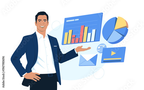 Professional businessman presenting data analytics and marketing strategy digital icons in a corporate office environment featuring financial charts, pie graphs, email marketing, and media growth symb