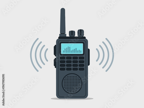 Professional black walkie talkie radio device isolated on light background featuring signal wave icons representing active mobile communication technology for security personnel corporate logistics sa