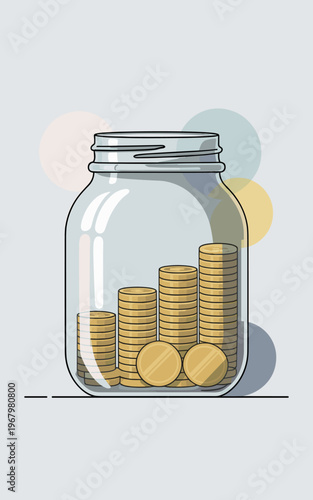 Clear glass jar filled with stacks of golden coins representing financial growth, savings strategies, wealth accumulation, banking investments, budget planning, retirement funds, and economic success 