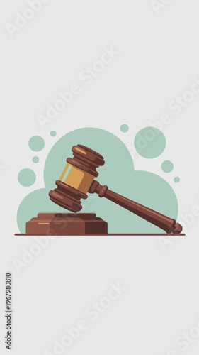 Wooden judge gavel resting on a sounding block, legal system authority symbol on light background, courtroom litigation concept, attorney lawyer tool, justice decision verdict power, corporate governa
