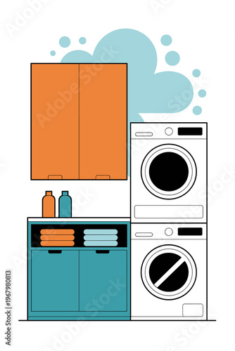 Minimalist laundry room illustration featuring a stacked washer and dryer set beside modern wooden cabinets and shelves with folded clothes, soap bottles, clean bubbles, and domestic chores interior d