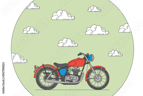 A vintage retro styled red motorcycle parked against a light green background filled with whimsical swirling white clouds in a playful flat graphic illustration perfect for travel, leisure, and design