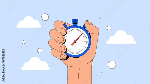 A hand holding a stopwatch against a blue sky with clouds, representing effective time management, deadline productivity, business efficiency, project countdown, agile work, performance tracking and s