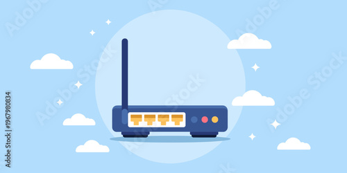 A flat vector illustration of a modern wireless internet router with ethernet ports set against a serene blue sky background with fluffy white clouds and sparkling stars symbolizing high speed connect