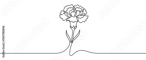 Delicate single line art drawing of a beautiful carnation flower with ruffled petals and slender leaves, rendered in a minimalist style