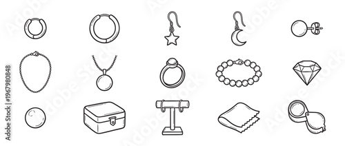 Collection of hand-drawn jewelry icons, including earrings, necklaces, rings, bracelets, and a diamond, presented in a clean, outlined style