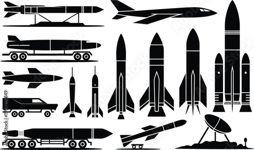 Space rocket and military missile vector illustration set, aerospace technology icons with shuttle launch vehicle and ballistic weapon silhouettes for defense industry and engineering concepts.