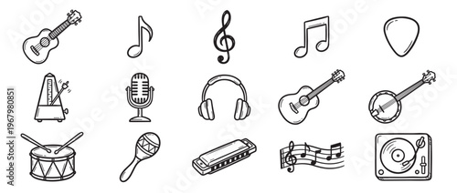 Collection of hand-drawn musical instruments and symbols, including guitars, a banjo, a drum, a microphone, and musical notes, presented in a clean