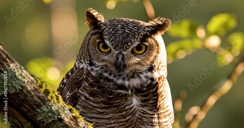 Close-up of a resting owl perched on a tree branch in a serene forest setting, surrounded by soft greenery