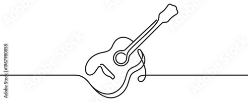 Simple black line art drawing of an acoustic guitar with a single continuous stroke on a bright white surface