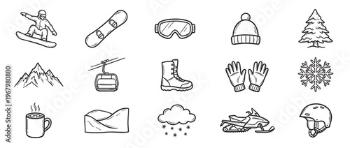 Collection of hand-drawn winter sports and weather icons, including a snowboarder, mountains, ski lift, and snowflake