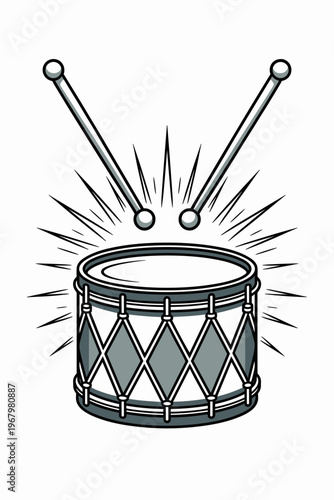 Stylized graphic illustration of a classic orchestral snare drum and wooden drumsticks in action, depicted with bold clean outlines and radiating energy lines for rhythmic, musical performance concept
