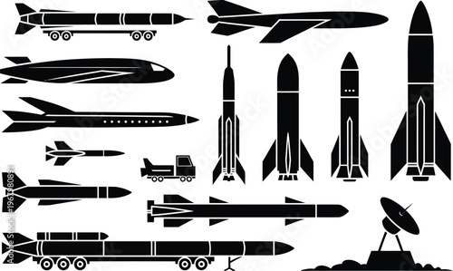 Space rocket and military missile vector illustration set, aerospace technology icons with shuttle launch vehicle and ballistic weapon silhouettes for defense industry and engineering concepts.