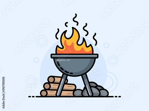 A vibrant vector illustration flat icon depicting a burning campfire grill with crackling flames rising above firewood logs and charcoal stones on a soft light blue background for barbecue cooking con