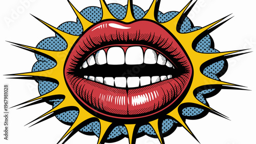 Stunning retro pop art illustration featuring vibrant red human lips wide open revealing white teeth with a comic book style halftone speech bubble background for dynamic branding marketing poster des