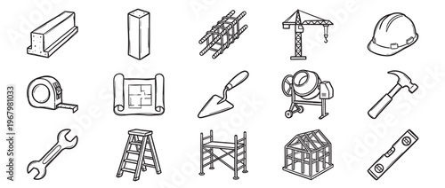 Collection of hand-drawn construction tools and materials, including a hard hat, crane, and blueprint, rendered in a simple black and white line art style