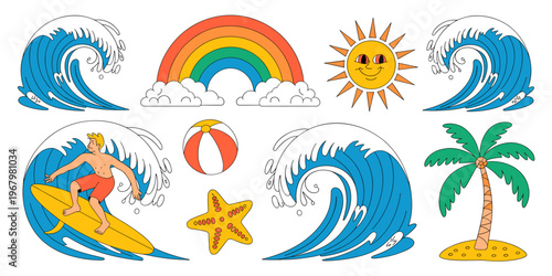 Summer beach vector sticker set featuring surfing man on yellow surfboard, ocean waves, rainbow, sun, palm tree, and starfish, vibrant retro graphic illustration for vacation travel leisure holiday de