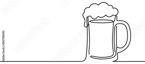 Single continuous line drawing of a beer mug with frothy head, depicted in a minimalist style
