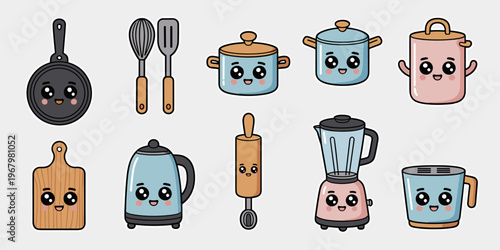 Cute cartoon kitchenware icon set featuring adorable pan, whisk, spatula, rolling pin, cutting board, kettle, blender, and pots with happy faces for culinary design projects, culinary school, or cafe 