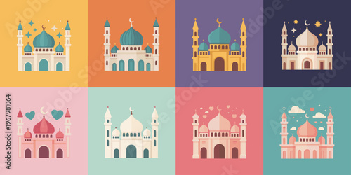 Set of eight colorful flat design mosque illustrations with diverse architectural styles, domes, minarets and celestial symbols for Islamic religion themes, Eid celebration backdrops, greeting card de