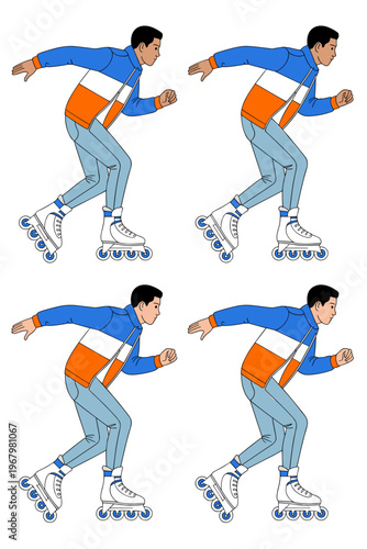 Seamless repeating pattern of a young man inline skating, professional rollerblader character in sportswear, vibrant motion and active recreation, flat vector illustration design for sports apparel gr