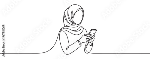 Continuous line drawing of a young Muslim woman wearing a hijab, holding and using a smartphone, depicted with a minimalist and modern aesthetic