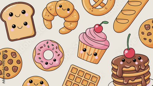 A delightful collection of cute hand-drawn bakery treats including sweet cupcakes, frosted donuts, pancakes, waffles, and bread rolls arranged in a colorful cartoon pattern for culinary design project