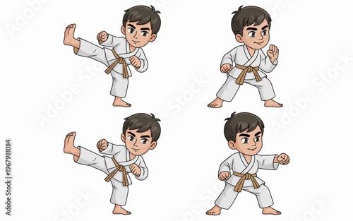Set of cute cartoon boy characters in white karate uniforms practicing martial arts moves including high kicks and fighting stances isolated on a white background for sports education and kids hobby d