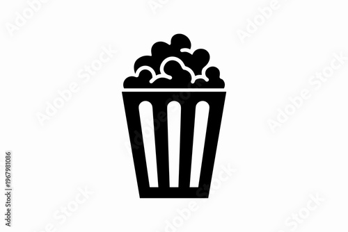A high-contrast black vector icon of a classic popcorn container overflowing with buttery theater snacks, perfect for cinema, movie night, entertainment, junk food, snack bar branding, and digital des