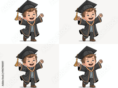 Happy young student boy wearing graduation cap and academic gown celebrating academic success, cheerful child kid in festive attire for school commencement ceremony, graduate vector illustration graph