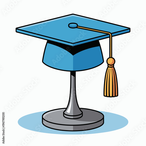 A blue graduation cap rests on a pedestal representing academic achievement, professional success, and commencement milestones for university students, high school graduates, and scholarly attainment 