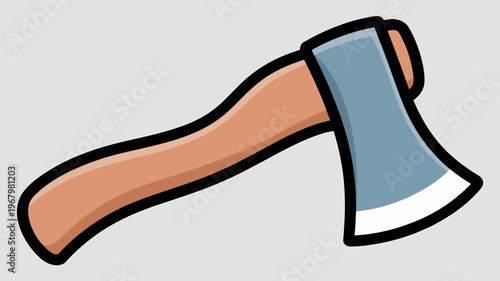 Cartoon flat style icon of a sharp hand axe tool featuring a brown wooden handle and metallic grey blade head isolated on a neutral background used for lumberjack woodcutting forestry camping outdoor 