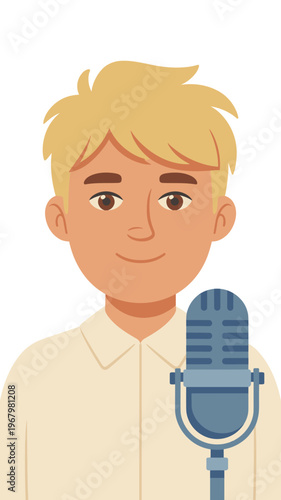 A happy blonde young man speaking cheerfully into a vintage studio microphone for a professional podcast session, representing friendly communication, media broadcasting, digital content creation and 