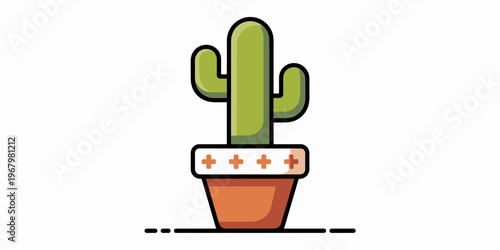 A cute potted cactus illustration featuring a simple succulent in a decorative ceramic pot with minimal desert plant aesthetics isolated on white background for interior decor design or mobile applica
