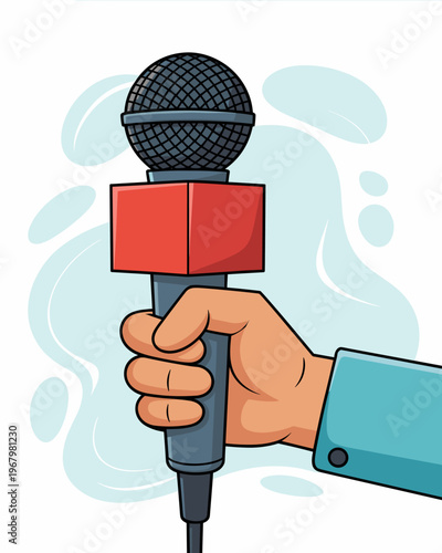 Cartoon journalist hand holding a professional handheld microphone with a blank red cube flag for interviews media news reporting broadcasting podcast communication blogging event coverage vector illu