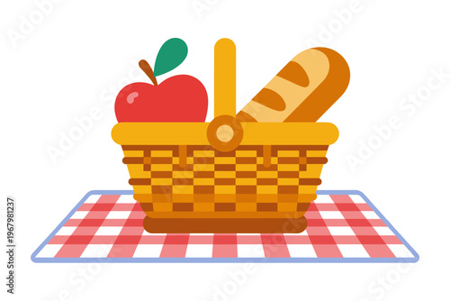 A vibrant yellow woven picnic basket filled with a fresh red apple and a crusty baguette bread loaf resting on a classic red and white checkered tablecloth, symbolizing outdoor leisure activities and 