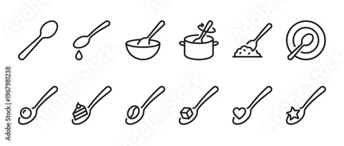 Collection of twelve black outline spoon icons illustrating various culinary actions and ingredients, presented neatly