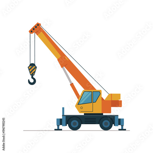 A vibrant yellow and orange mobile industrial crane designed for heavy lifting and construction projects, featuring a detailed telescopic boom, large wheels, and stabilization outriggers for site safe