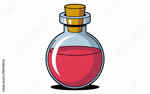 Cartoon vector bottle of pink magical potion with a cork stopper used for fantasy games alchemy experiments and mystical crafts depicted in a simple flat graphic design style for creative digital proj