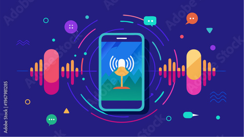 Smartphone voice assistant concept with sound waves speech bubbles and wireless communication technology in modern colorful flat design