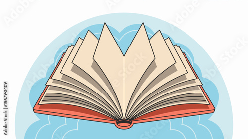 Open book with blank pages for creative writing or reading inspiration featuring a stylized colorful graphic design on a light blue background for literature education school library study and learnin