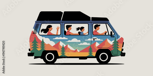 Happy family traveling in a colorful vintage camper van cruising through scenic mountains on a summer road trip adventure, flat vector illustration showing a blissful vacation journey outdoors, leisur