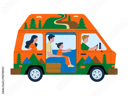 Happy family traveling in colorful retro van exploring nature landscapes on a summer road trip adventure, playful flat vector illustration showing vibrant vacation travel concept with cute stylized ch