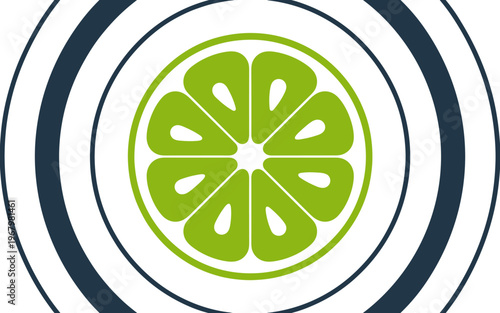 Minimalist lime citrus fruit slice illustration featuring a bright green cross section design centered on a stylish geometric background used for healthy food branding product packaging or refreshing 